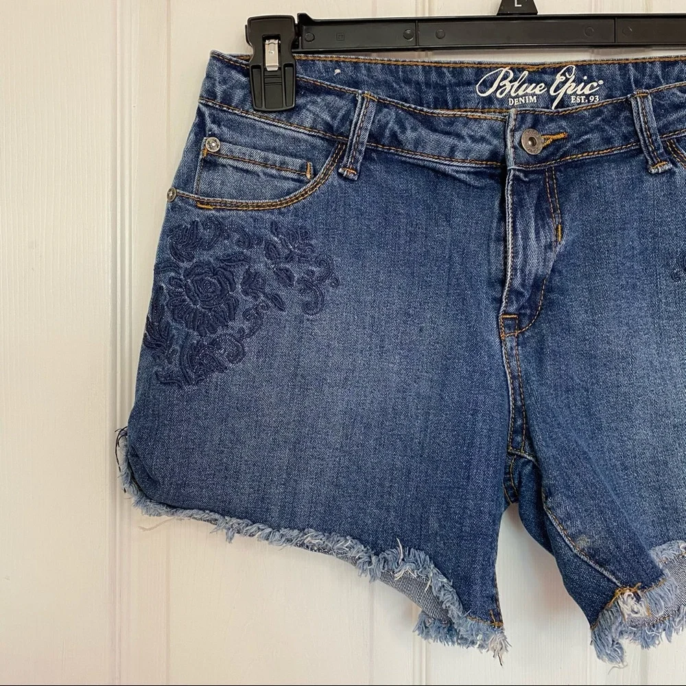 Embroidered Dark Blue Denim Shorts